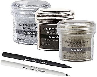 Embossing Kit - 3 Super Fine Embossing Powder with Two Inkssentials Stays on Ink Embossing Pen Black and Clear (Pen & Powder)