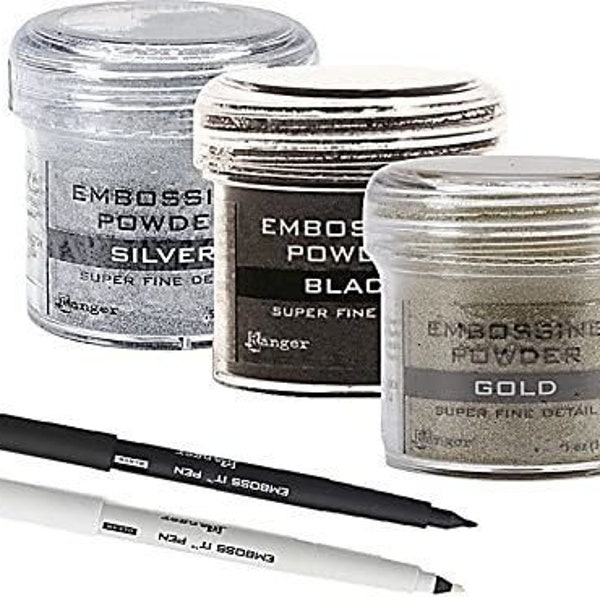 Embossing Kit - 3 Super Fine Embossing Powder with Two Inkssentials Stays on Ink Embossing Pen Black and Clear (Pen & Powder)