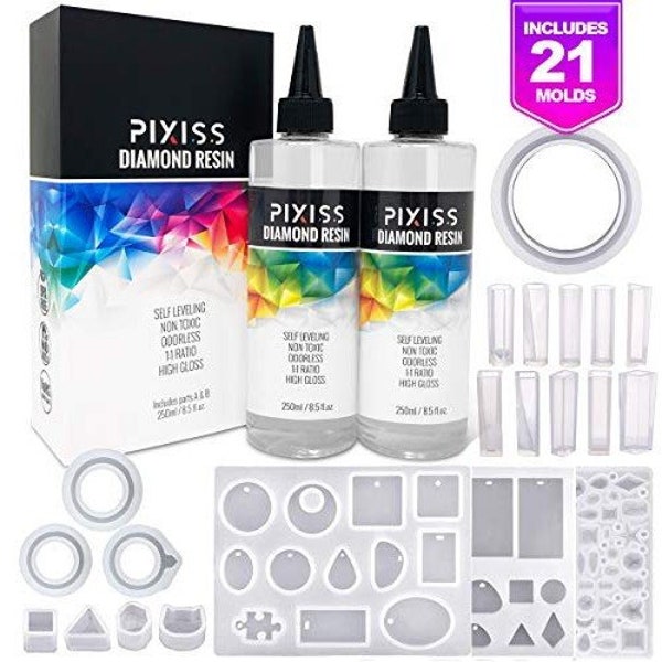 Epoxy Resin Crystal Clear Casting Resin for Epoxy and Resin Art | Pixiss Brand Easy Mix 1:1 (17-Ounce Kit) | Silicone Jewelry Mold Kit
