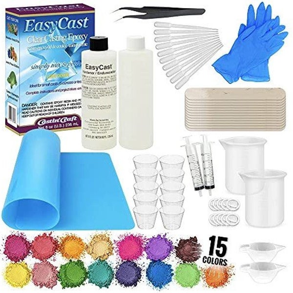 Easy Cast Clear Casting Epoxy Resin 8 Ounce Kit Castin Craft Casting Epoxy, Clear Glass Smooth, Pixiss 15 Colors Resin Tinting Mica...