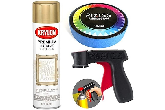 Krylon Gold Metallic Spray Paint 18K Gold 8-ounce, Snap and Spray Paint Can  Handle Sprayer Tool, Pixiss Blue Multi-surface Painters Tape 