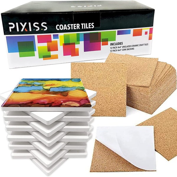 Square 4"x4" Square Ceramic Tiles and Cork Backing for DIY Coasters (set of 12)