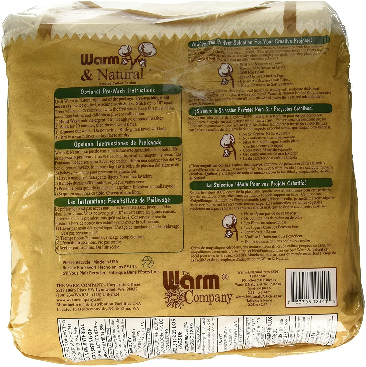 The Warm Company Warm And Natural Cotton Needled Batting 90x96