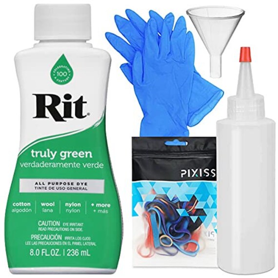 Rit Dye Liquid Truly Green All-Purpose Dye 8oz, Pixiss Tie Dye Accessories Bundle with Rubber Bands, Gloves, Funnel and Squeeze Bottle, Size: Large