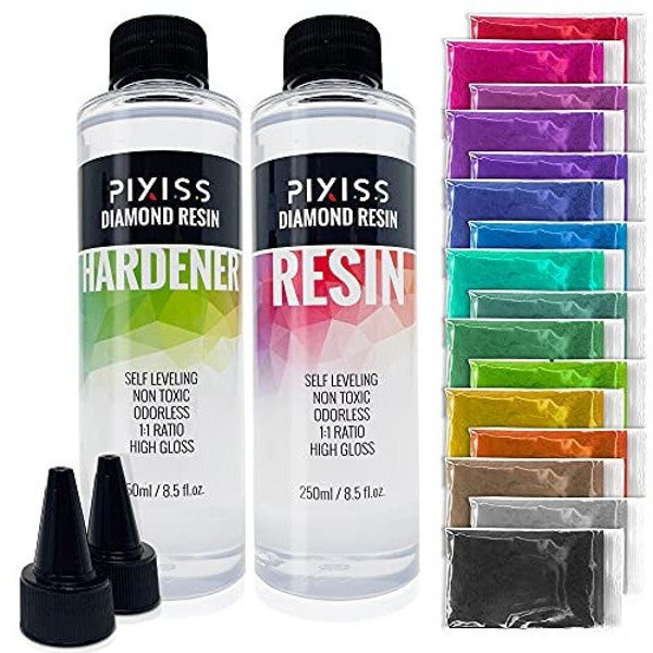 Pixiss Epoxy Resin Crystal Clear Casting Resin for Art Easy Mix 1:1 (17-ounce) with 15 Mica Resin Tinting Powder Pigments