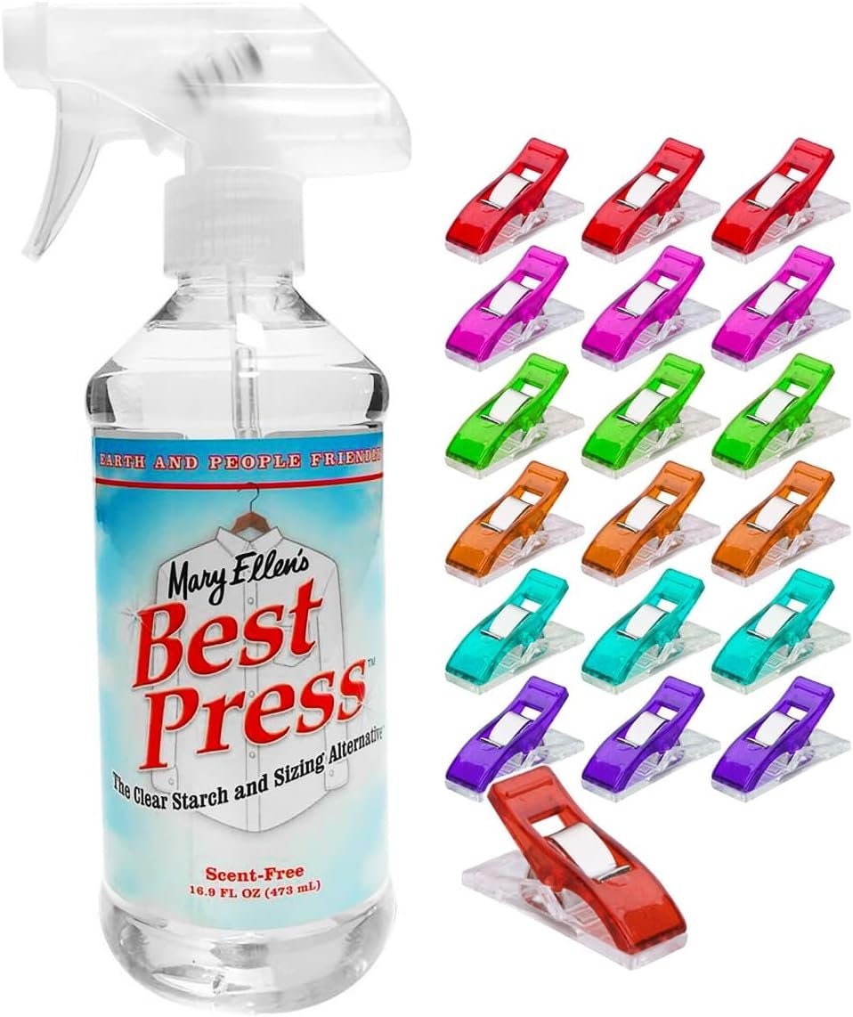 Mary Ellen's Best Press and Pixiss Fabric Clips Bundle Spray Starch for  Ironing, Anti-wrinkle Quilting Spray, 25 Heavy Duty Clothes Pins 