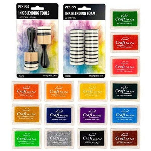 Pixiss Mini Ink Blending Tools with 24 Foam Pads, Ink Pads in 15 Colors for Rubber Stamps, Distressing, Scrapbooking, Wood and Fabric