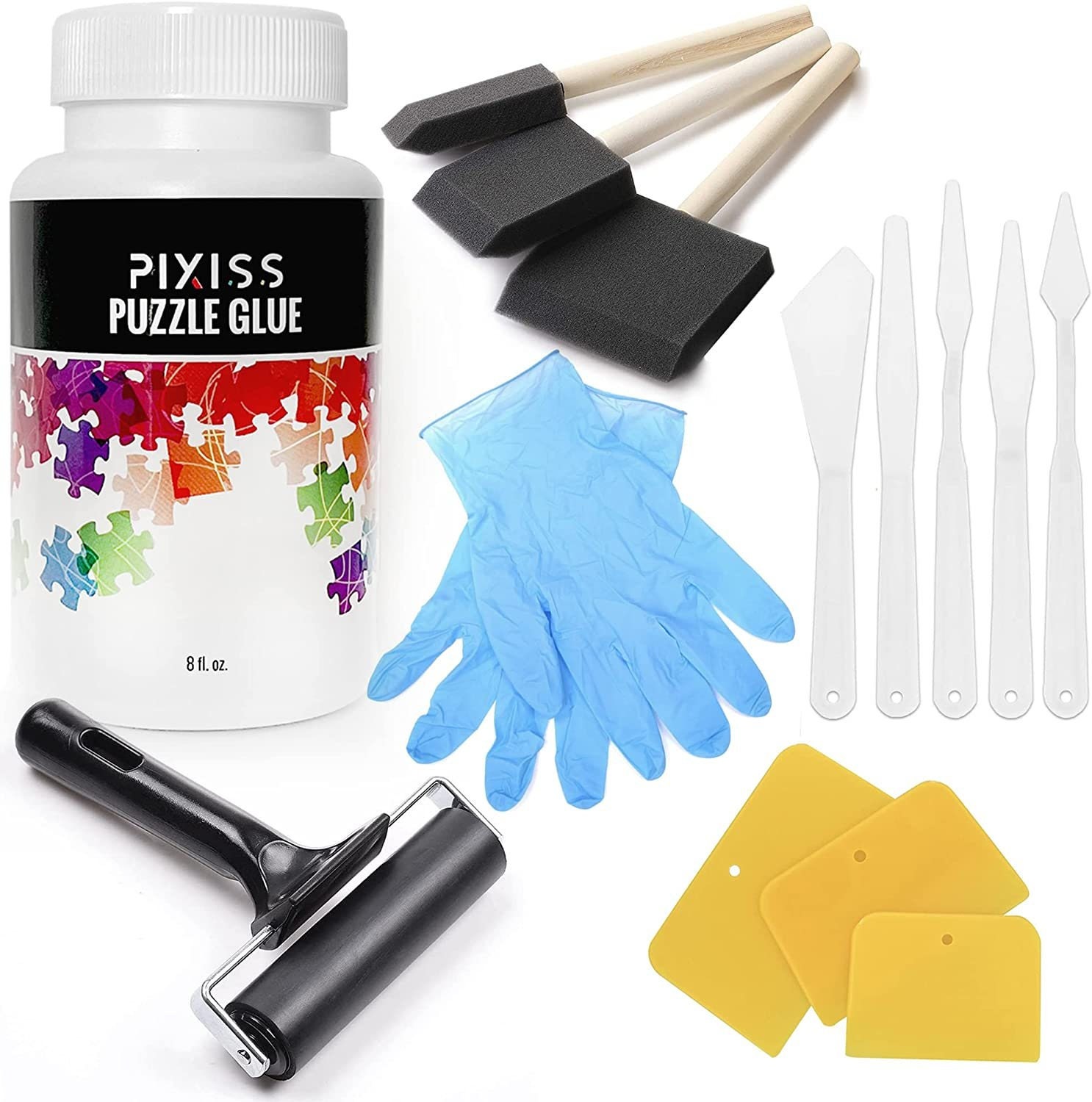 Mod Podge Puzzle Saver Glue Kit, Adhesive Brushes for Jigsaw Puzzles, Boards, Mats, Pixiss Accessory Kit with Glue Spreaders, Gloves, Brushes, Palette