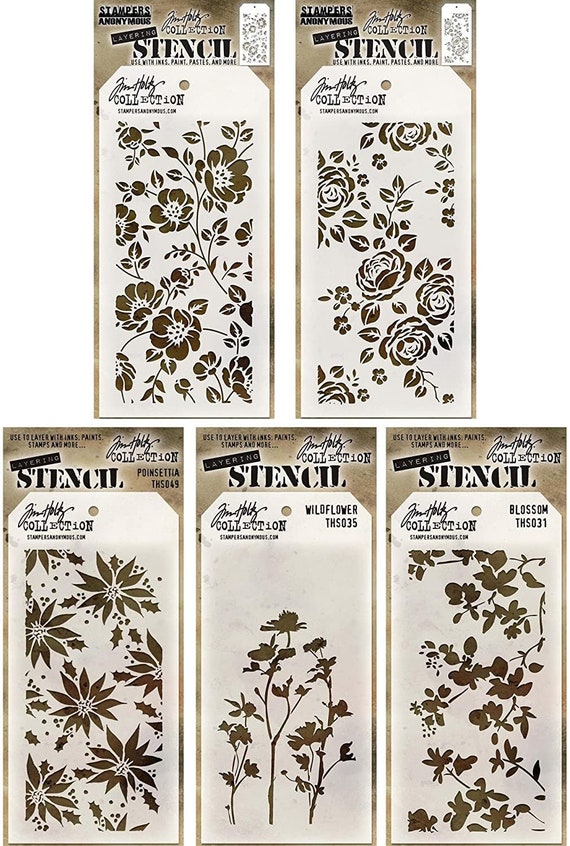 Tim Holtz - Stencils Set 10 (Flowers) - Five Item Bundle - Roses, Floral,  Blossom, Poinsettia, and Wildflower