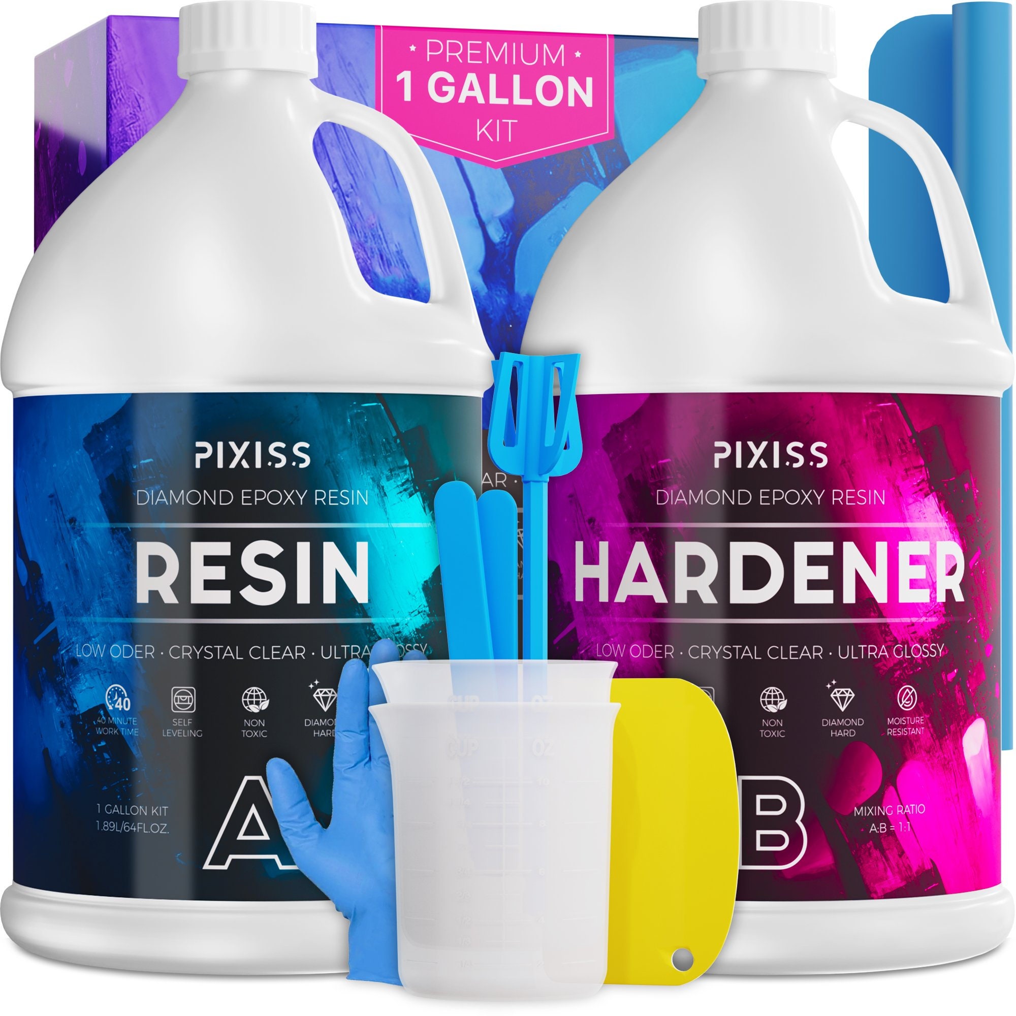 Dr. Resin 2 Part 1 Gallon Clear Epoxy Resin Kit (0.5 Gal Resin + 0.5 Gal Hardener) Crystal Jewelry Tabletop Resin with Cups Sticks Spreaders Gloves