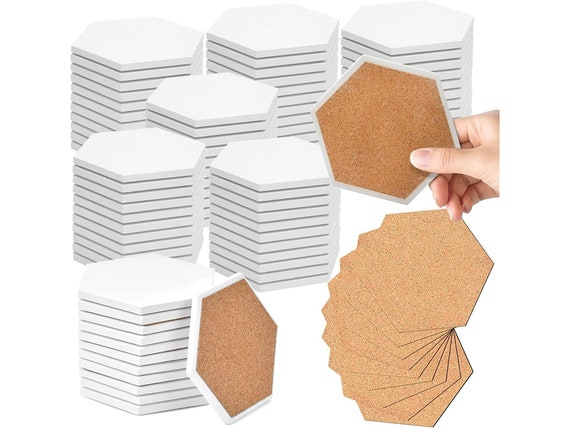 100 Pack Ceramic Tiles for Crafts Coasters, Hexagon White Tiles Unglazed  4-inches With Cork Backing Pads, for Alcohol Ink or Acrylic 