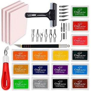 Stamp Carving Kit, 3 Rubber Blocks, Brayer, Lino Carving Tool, Precision Knife Kit, 15 Stamp Ink Pads