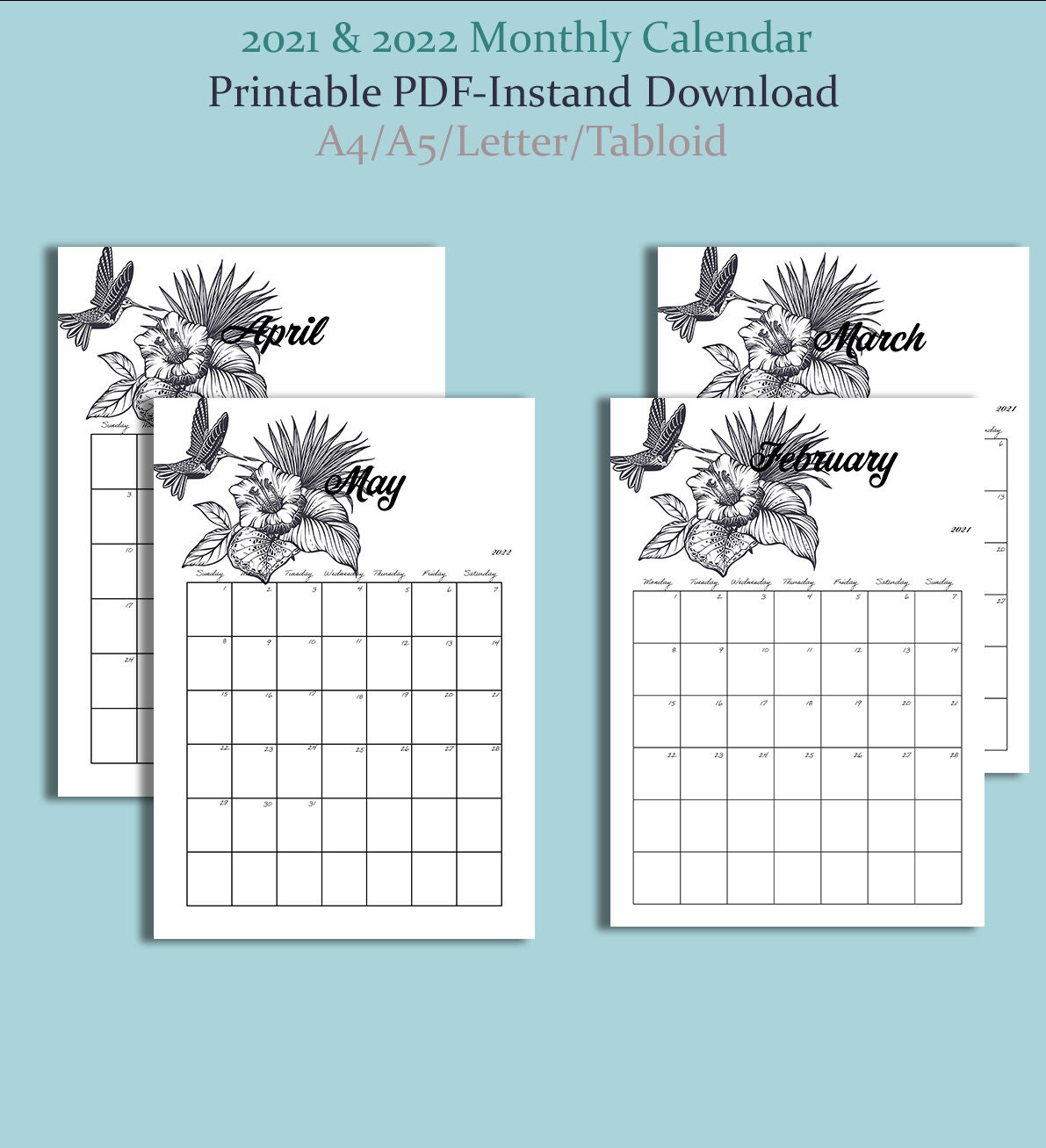 2021 & 2022 Printable Monthly Wall/desk Calendar With Mon/sun - Etsy