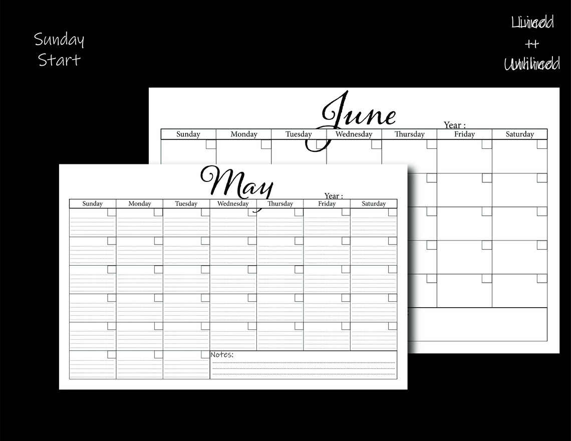 Blank Printable Monthly Calendar Wall Calendar Desk - Etsy