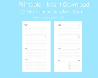 Printable Weekly planner, Week on 2 pages, personal sized planner inserts, Sunday/Monday Start