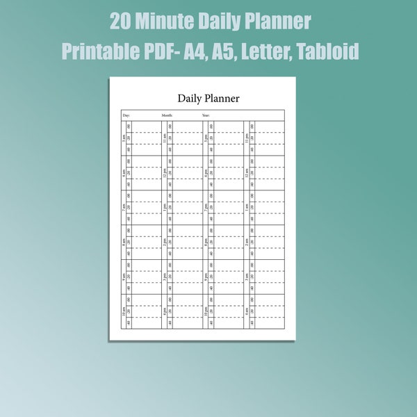 Printable 20 minute Daily planner Portrait Layout- 24 Hour planner in 20 minute increments-A4,A5,Letter, Tabloid