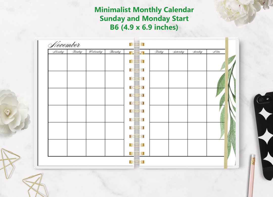 Undated Monthly Planner Insert, Month on 2 Pages, Sunday and Monday ...