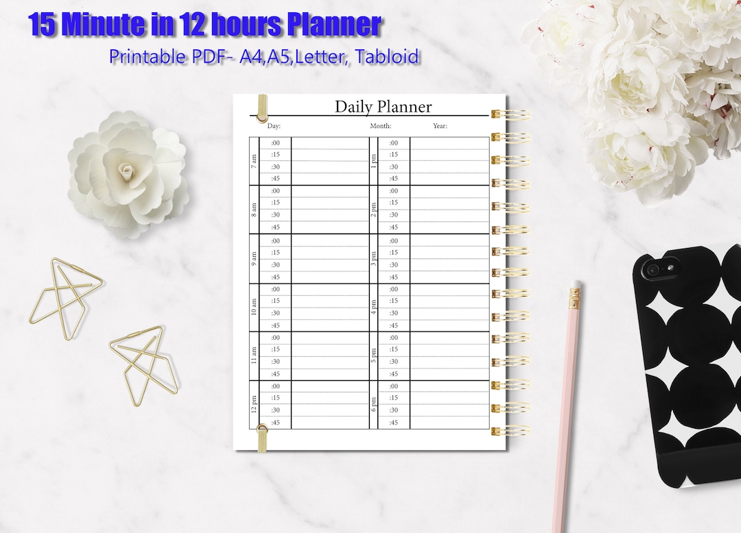 Printable 15 Minute Daily Planner Portrait Layout- 12 Hours in 15 ...