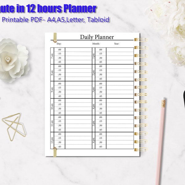 Printable 15 minute Daily planner Portrait Layout- 12 Hours in 15 minute increment Planner-A4,A5,Letter, Tabloid