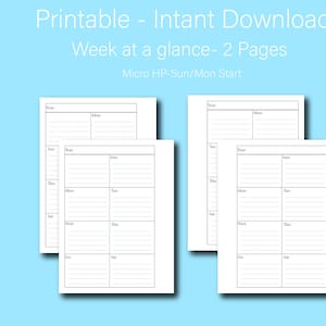 May include: Printable weekly planner with two pages. The planner is designed for a micro HP weekly format, starting on Sunday and ending on Monday. Each page has a space for the year, month, and day of the week. The planner is black and white.