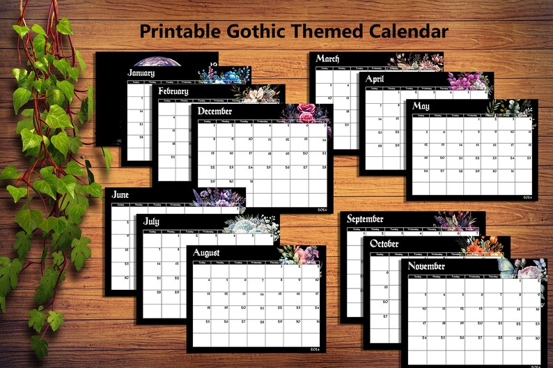 2024 Printable Gothic Themed Calendar Package Sunday Start Landscape ...