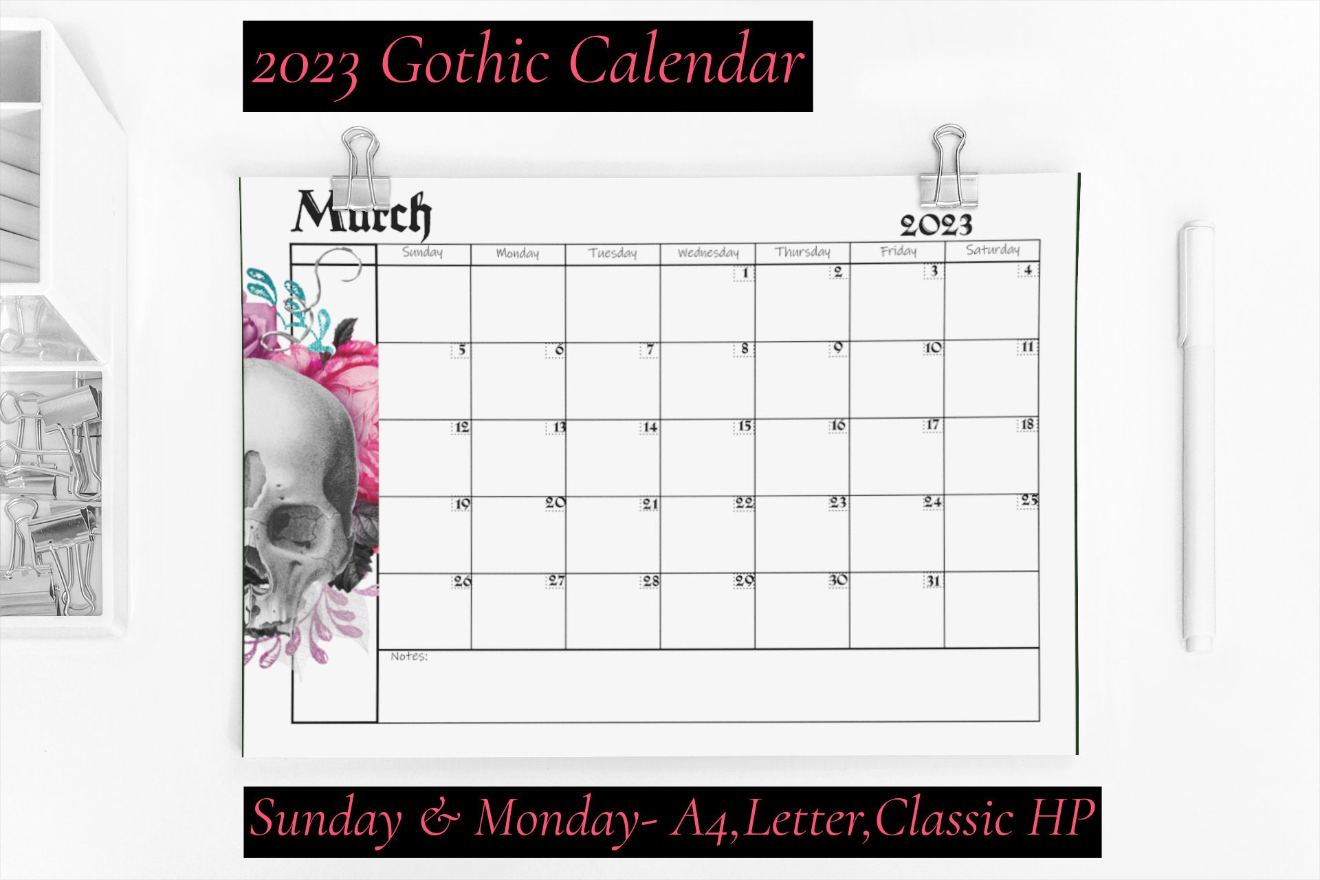 2023 Printable Gothic Calendar 2023 Monthly Planner Classic Etsy