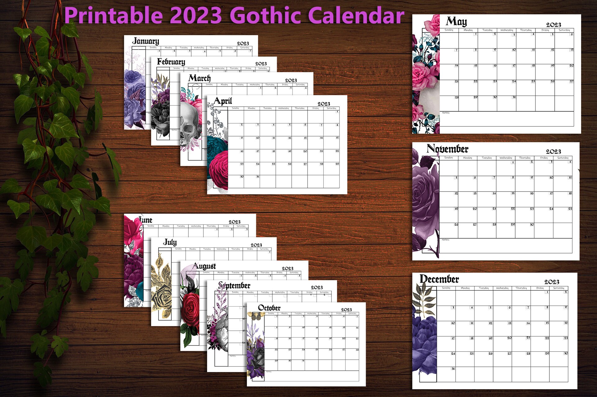 2023 Printable Gothic Calendar 2023 Monthly Planner Classic Etsy