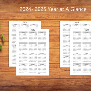 2024 2025 Printable Year At A Glance Calendar A5, A6, Letter, A4, Mini HP, Classic HP Sunday and Monday Start Planner Dashboard image 1