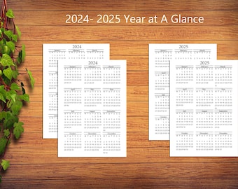 Calendrier imprimable 2024 2025 en un coup d’œil - A5, A6, Lettre, A4, Mini HP, Classic HP - Début du dimanche et du lundi