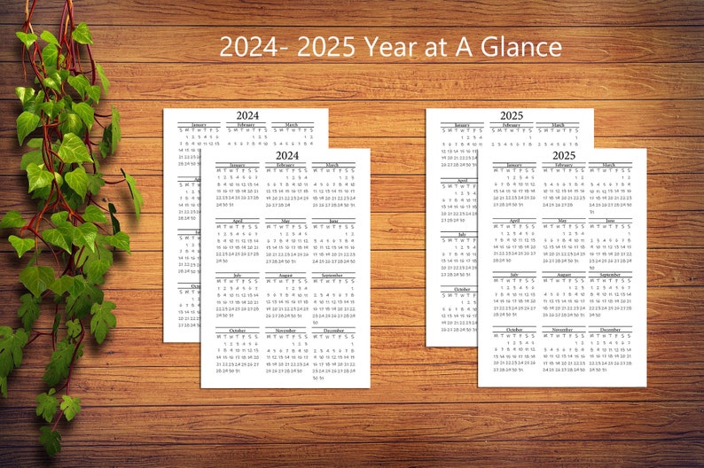 2024 2025 Printable Year At A Glance Calendar A5, A6, Letter, A4, Mini HP, Classic HP Sunday and Monday Start Planner Dashboard image 1