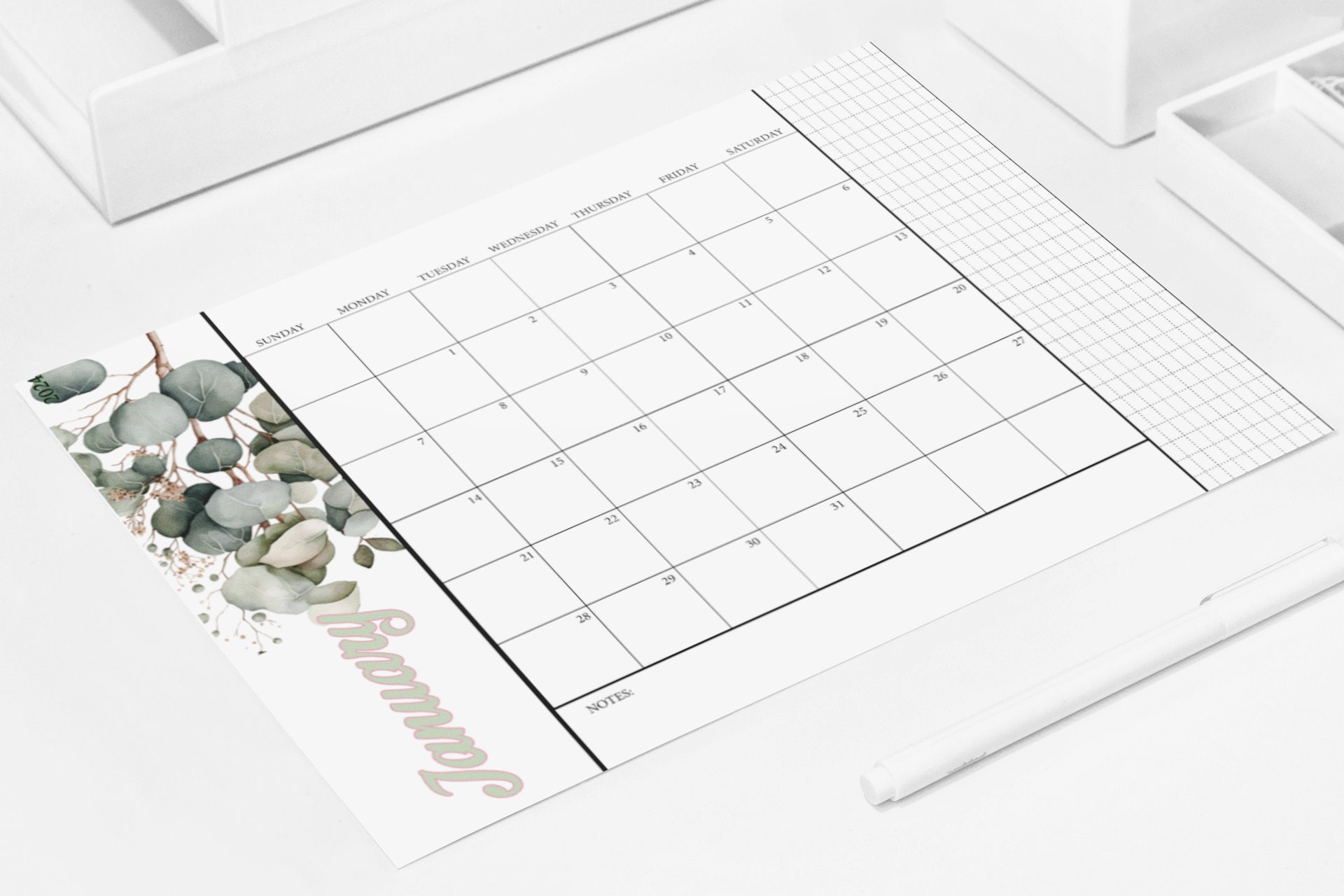 Printable 2024 Landscape Botanical Calendar Sunday & Monday Start A4
