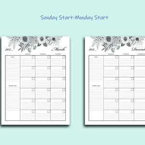 Undated Monthly Calendar Printable Planner Inserts, Lined and Unlined ...