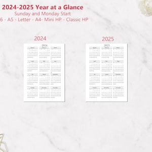 2024 2025 Printable Year At A Glance Calendar A5, A6, Letter, A4, Mini HP, Classic HP Sunday and Monday Start Planner Dashboard image 3