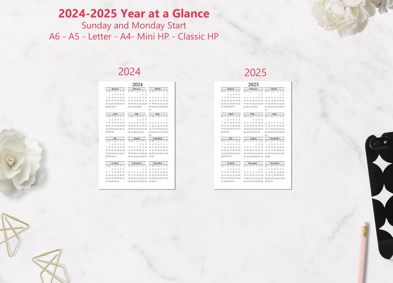 2024 2025 Printable Year At A Glance Calendar A5, A6, Letter, A4, Mini HP, Classic HP Sunday and Monday Start Planner Dashboard image 3