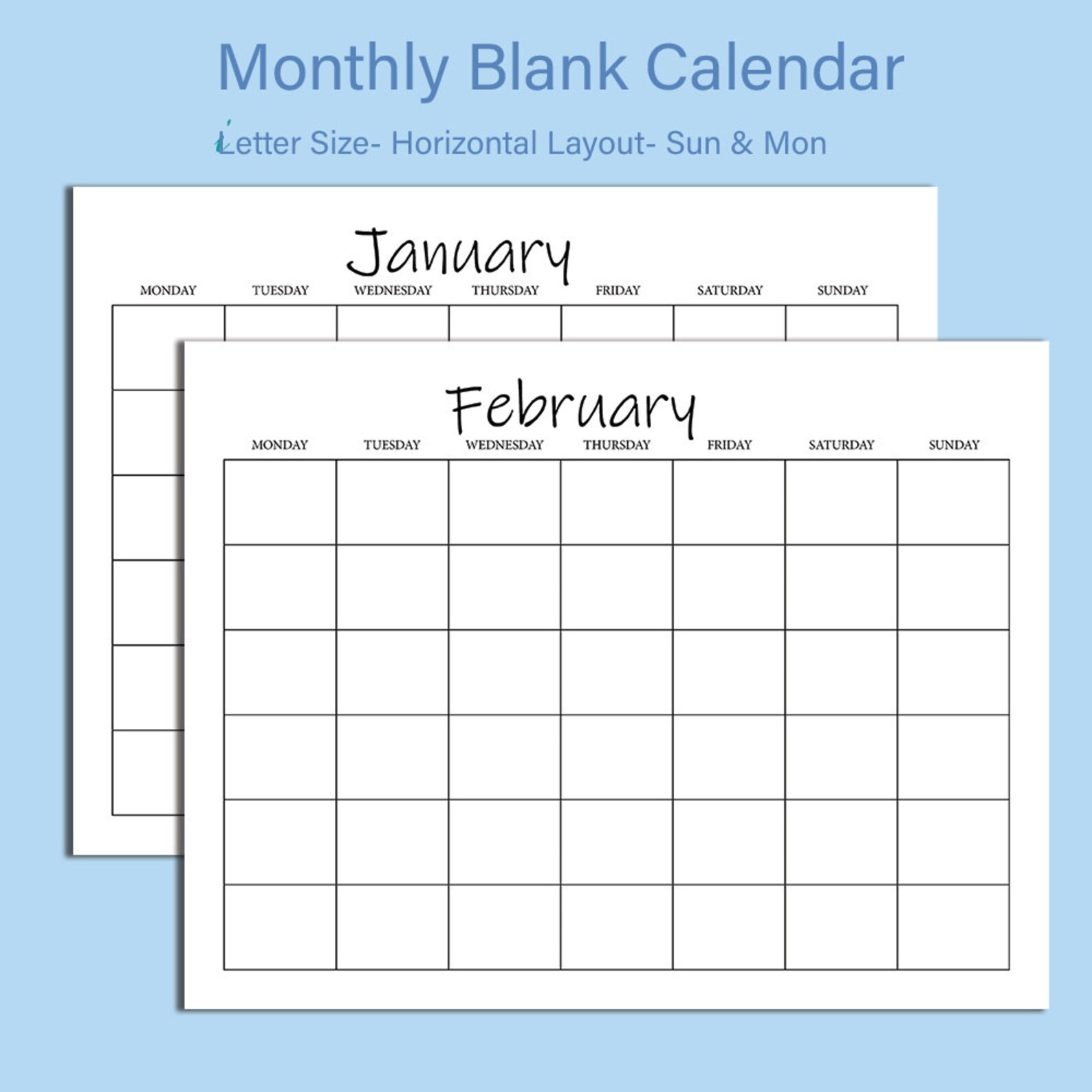 Monthly Blank Calendar, Simple Calendar, 11 X 8.5 Inches, Horizontal