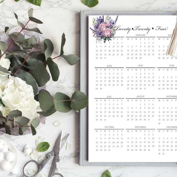 Printable 2024 Yearly Calendar, Year at a Glance, Yearly Agenda, A5, and  Letter Size, Monday & Sunday Start