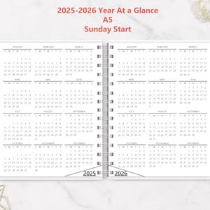 2025-2026 Printable Year At A Glance Calendar- A5- Sunday Start