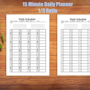 May include: A printable daily planner with a 15-minute time slot schedule. The planner is divided into six columns for each day of the week, Monday through Saturday. The planner is designed for a 1/3 ratio.