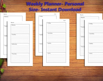 Undated Printable Weekly Planner, Personal Size Printable Planner Insert, Sunday & Monday Start