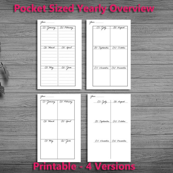 Year At a Glance, Two Page Yearly Planner Printable, 12 Month Overview, Minimalist Planner, Pocket Sized, Instant Download PDF, 4 Versions