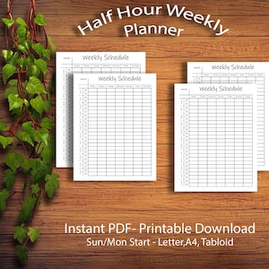 Printable Half Hour Weekly Schedule On two pages , Half Hour Daily Schedule Template,  Sunday/Monday Start, Letter, A4, Tabloid