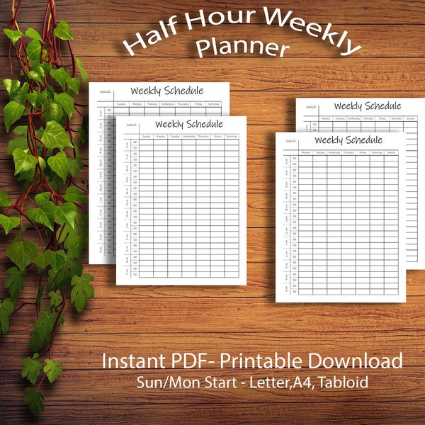 Printable Half Hour Weekly Schedule On two pages , Half Hour Daily Schedule Template,  Sunday/Monday Start, Letter, A4, Tabloid