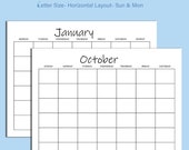 Blank Monthly Calendar: Horizontal Printable Pages, Letter Sized (PDF Download)