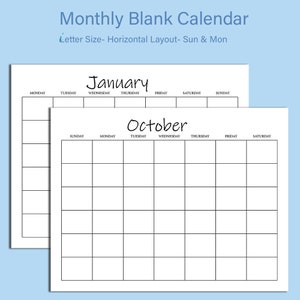 Leerer Monatskalender, einfacher Kalender, horizontale Kalenderseiten, PDF druckbar, sofortiger Download