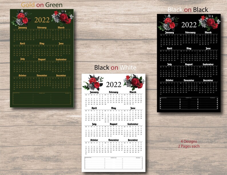2022 Printable Year at a glance Wall /Desk Calendar and Etsy