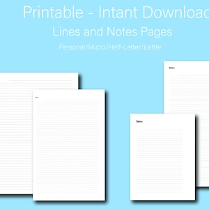 Personal Size Notes and Lined Pages Set - Printable Ring Planner Insert PDF - Simple Theme- Personal, Letter, Micro, Half-Letter