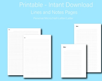 Personal Size Notes and Lined Pages Set - Printable Ring Planner Insert PDF - Simple Theme- Personal, Letter, Micro, Half-Letter