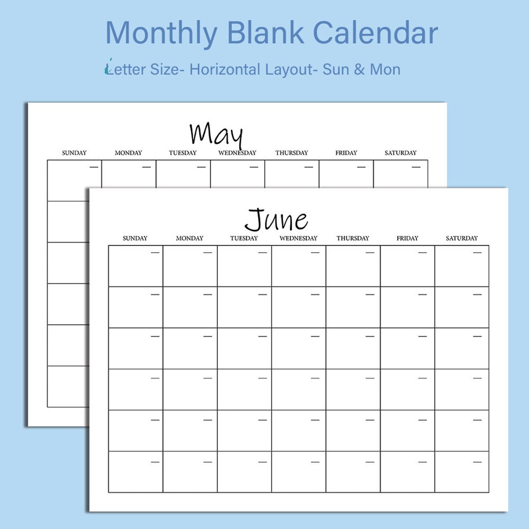 Reusable Monthly Calendar, 11 X 8.5 Inches, Horizontal Printable Calendar Pages, PDF Printable