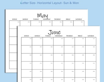 Reusable Monthly Calendar, Simple Calendar, 11 x 8.5 inches, Horizontal Printable Calendar Pages, PDF Printable, Instant Download