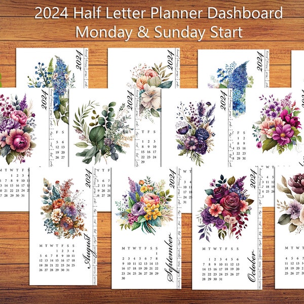 Printable 2024 Monthly Dashboards, Half-Letter Dashboard Inserts, Printable Monthly Inserts, Printable Planner Pages Sunday/Monday Start